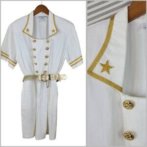 Vintage 80s Navy Sailor Romper Size 4 6 Nautical Preppy Playsuit Gold Costume